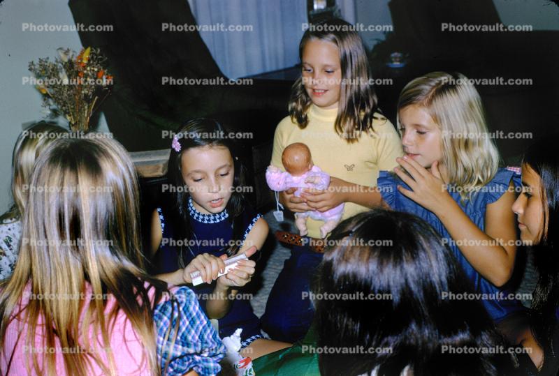 Tween Girls Playing with Dolls, Party, 1960s