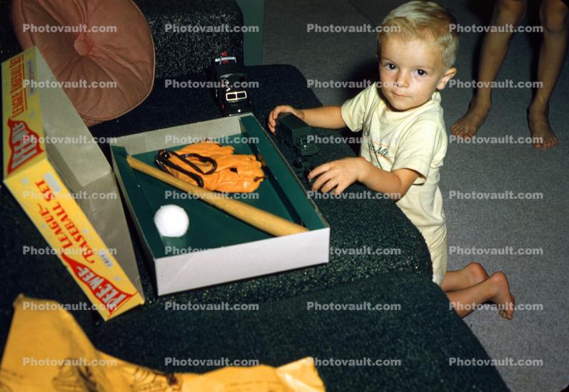 Boy with his Pee-Wee Baseball Kit, Bat, Ball, Glove