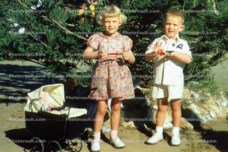 Sister, Brother, Carriage, Tree, 1950s