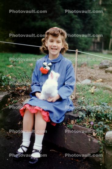 Girl, Smiles, Coat, Socks, Shoes, Sitting, Bunny, Glen Rock New Jersey, April 1952, 1950s