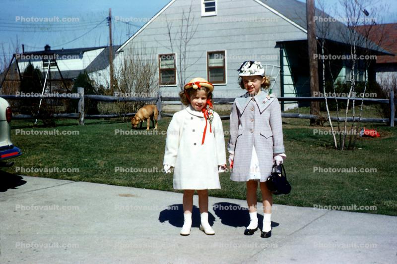 Girls, Sisters, Formal, Dress, Backyard, Purse, Coats, Arms, fancy dress, hats, 1940s