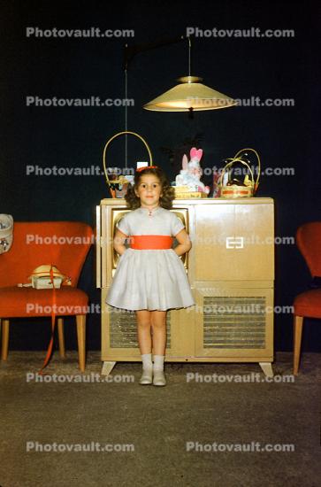 Girl, Chair, Television Console, Dress, Carpet, 1950s