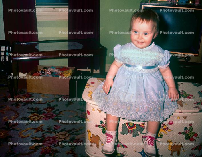 Smiling Girl, Dress, Shoes, Living Room, Schenectady New York, 1950s