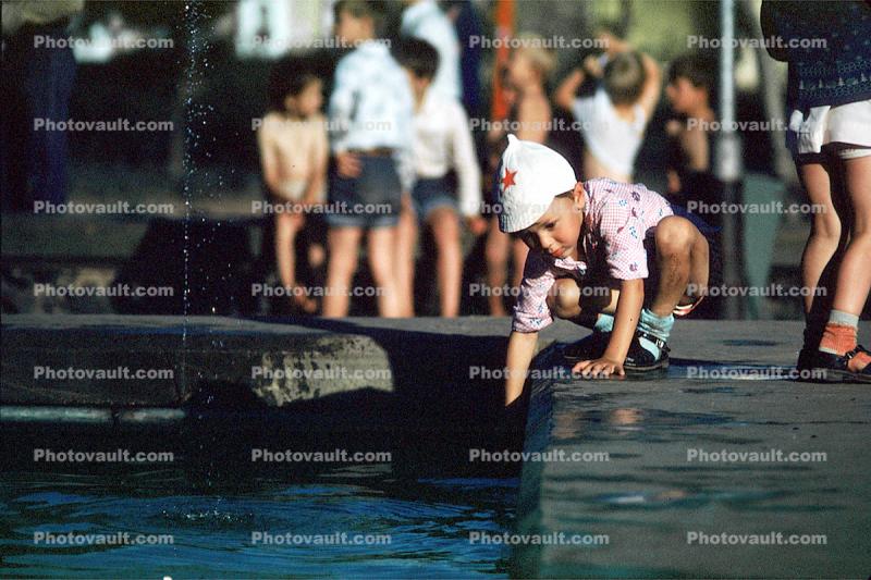 Little Boy with Red Star Hat, Fountain, Pond, Bratsk, Siberia, Red Star
