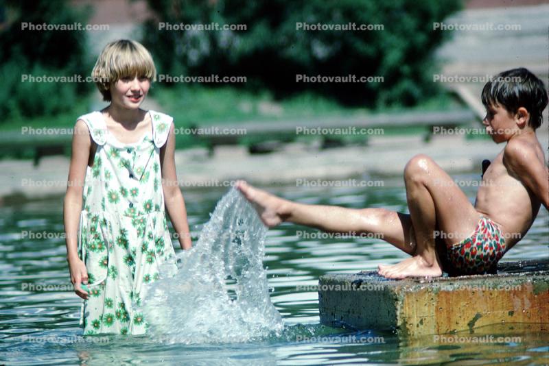 Girl and Boy Splashing, Fountain, Pond, Bratsk, Siberia