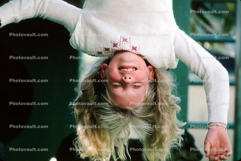 Upside down girl, hair, smiles