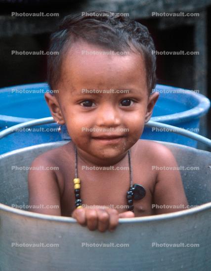 Boy, Pail, Bucket, Washing, Bath, Mumbai, India