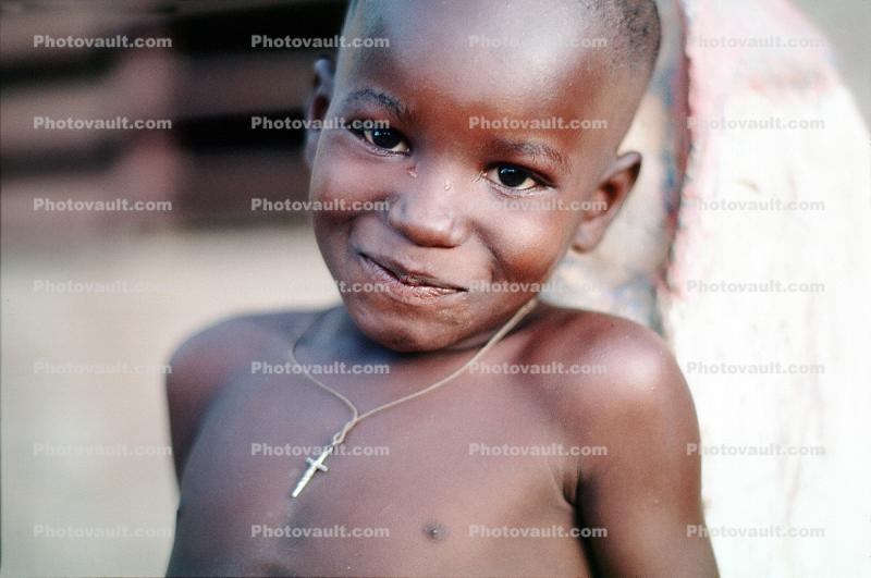 Smiling African Boyk Face, Cross Necklace