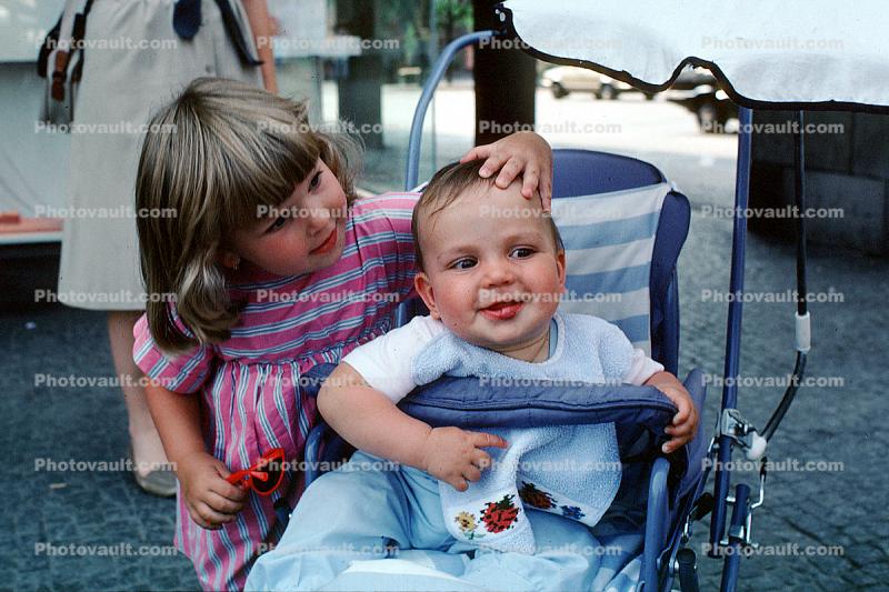Baby Carriage, Sister, Brother, Girl, Boy, Smiles, 1970s