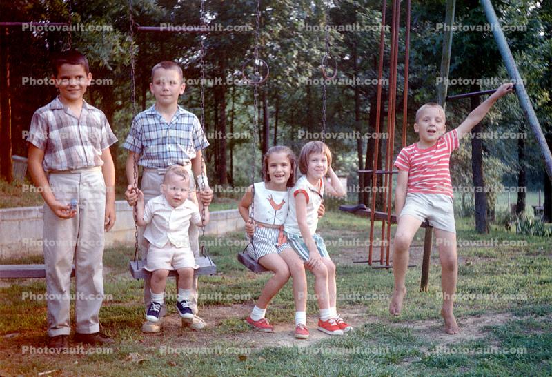 Swing Set, gym, Brothers and Sisters, Male, Boy, Female, Girl, 1950s