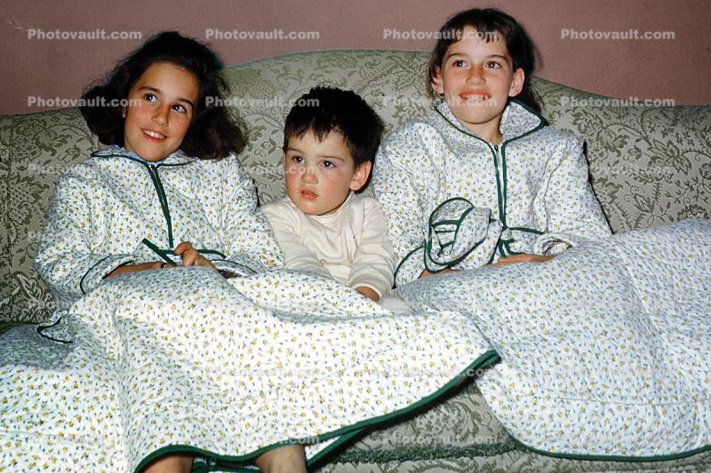 Bedtime, Couch, Boy, Girls, Brother, Sister, Pajamas, Smiles, nightwear, 1950s