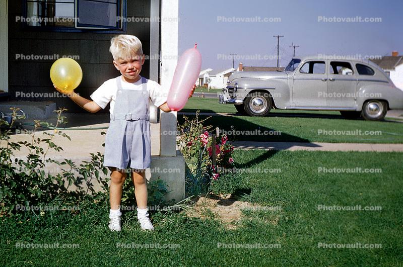 Boy, Balloons, Old Car, Frontyard, Grass, Lawn, 1940s