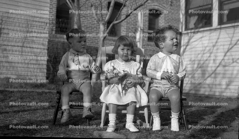 Boy, Girl, Chairs, Sitting, Backyard, 1950s