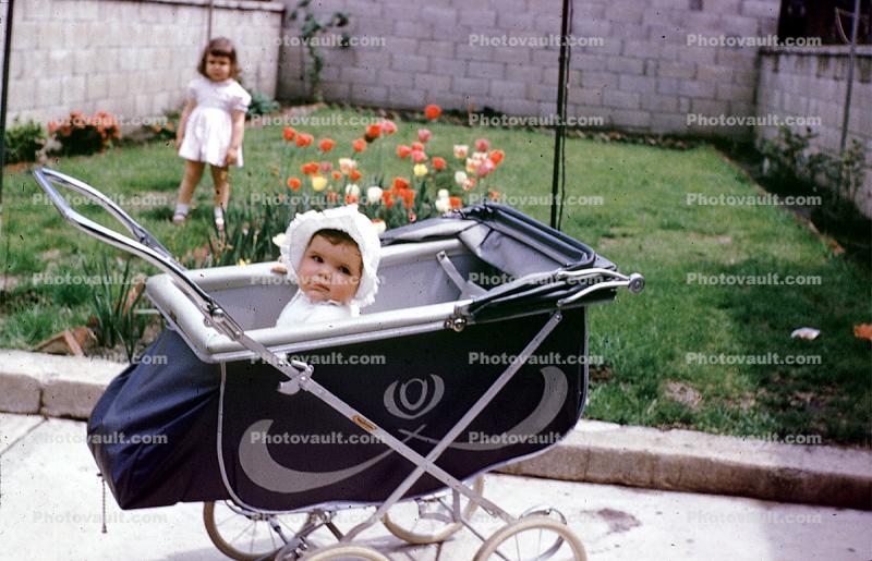 Baby Carriage, Bonnet, Backyard, Flowers, 1950s