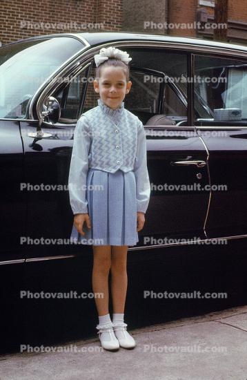 Girl, Car, Easter Dress, Anklet socks, standing, ribbon, tiara, formal dress, 1960s