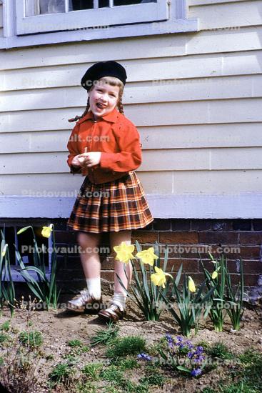 Smiling Girl, hat, beret, skirt, saddle shoes, smiles, cute, shirt, 1950s