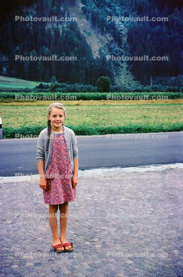 Sandals, Girl, Standing, pigtails, long hair, 1960s