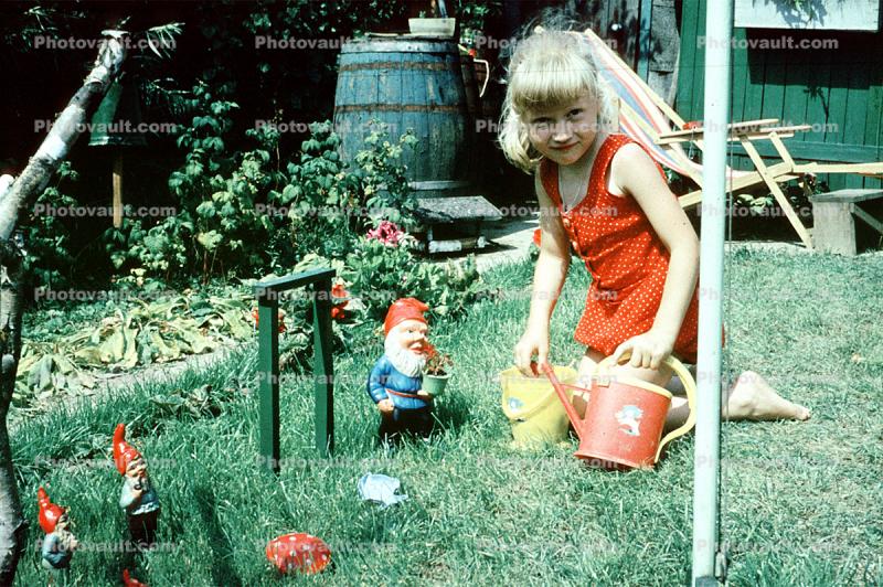 The Little Gnomes, Girl in the Backyard, elfs, sprinkling can, mushrooms, fairytale land, 1960s