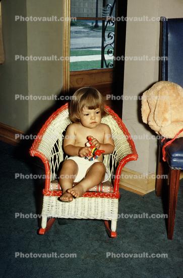 Girl, Diapers, Chair, Barefeet, Cute, Pensive, 1950s