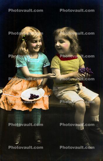 Boy, Girl, RPPC, Grapes, Friends, 1920's