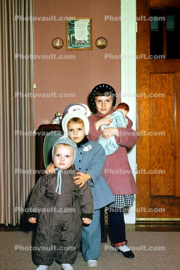 girls, boy, doll, hats, Cold, Coats, Thanksgiving 1957, 1950s