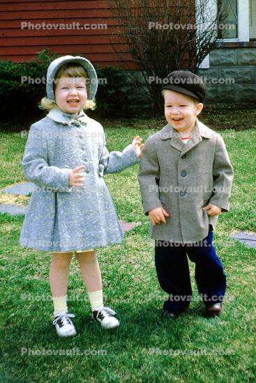 Cute, Girl, Boy, Brother, Sister, Siblings, Bonnet, Coats, Jacket, Springtime, Easter, May 1960, 1960s