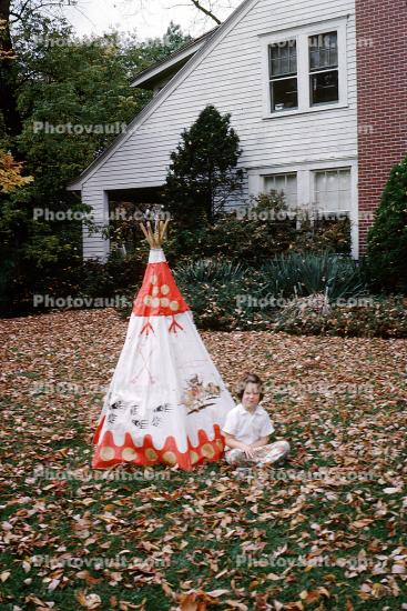 Girl, Backyard, Leaves, Autumn, Camping, Tent, Teepee, October 1962, 1960s