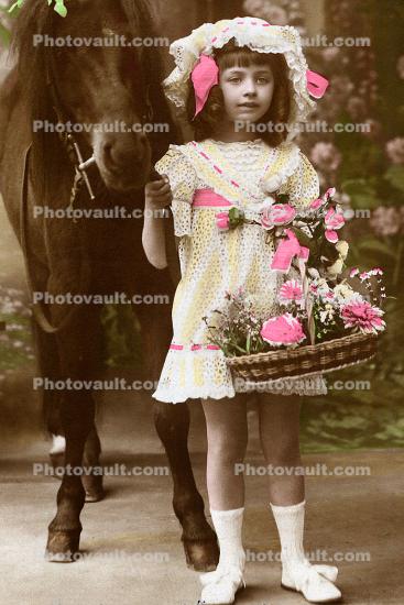 RPPC, Girl, Basket, horse, hoof, shoe, 1910's
