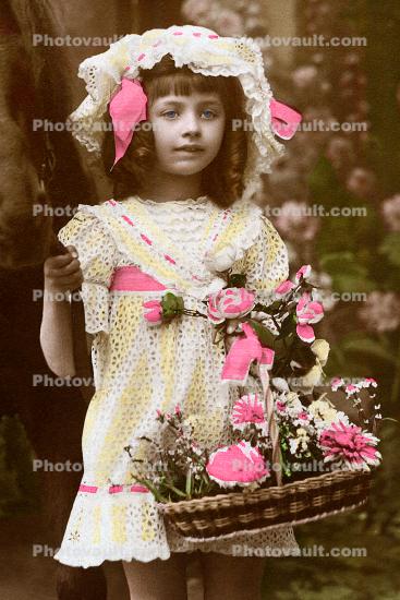 RPPC, Girl, Hat, flowers, dress, lace, Basket, 1910's