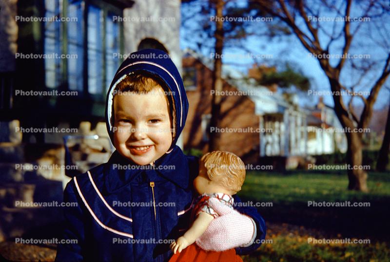 Girl with her doll, hat, jacket, Smiling Girl, face