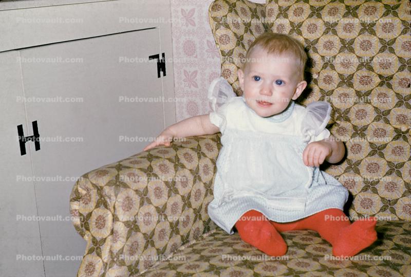 Baby, Stockings, Dress, Sitting, Chair, Seat, 1950s