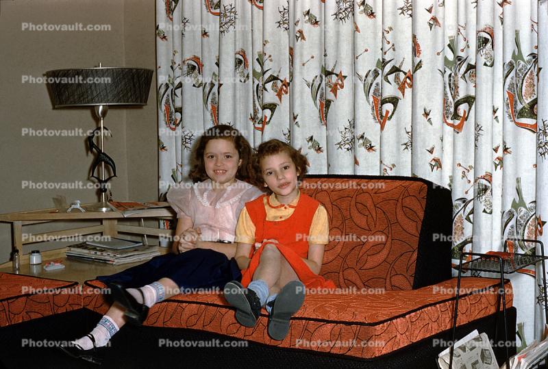 Two Girls, friends, sofa, curtain, drape