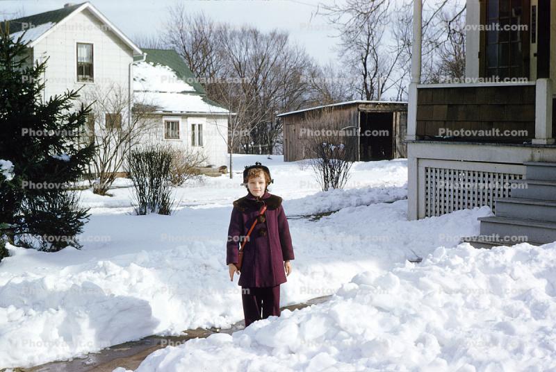 Pamela in the Snow, winter, ice, cold, coat, 1950s