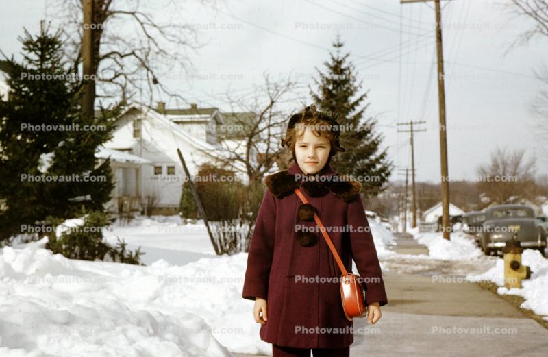 1950s, Girl in the Snow, winter, ice, cold, coat