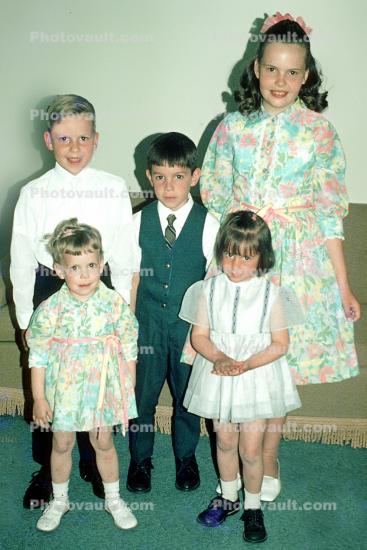 Kids, Brother, Sister, Siblings, smiles, smiling, cute, formal dress, dresses, flowery, suit and tie, 1960s