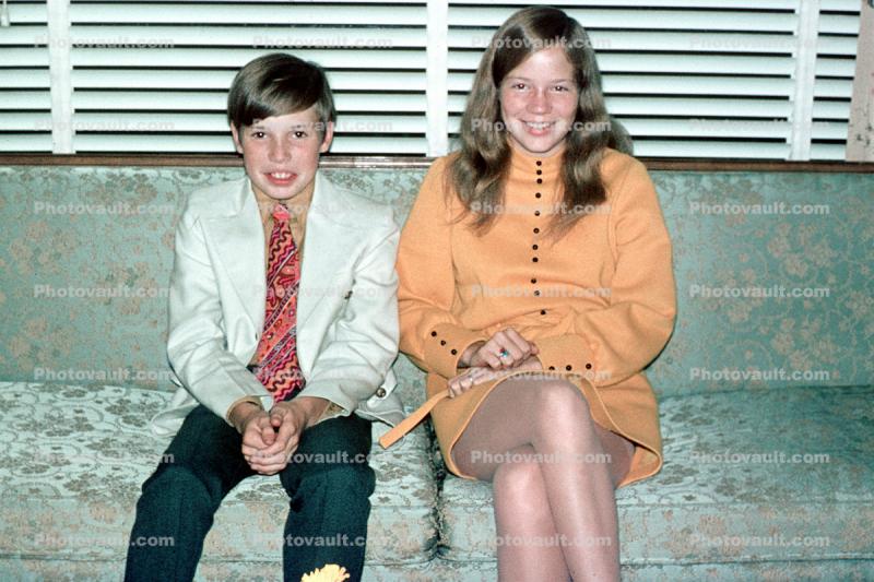 Brother, Sister, Formal Suits, Tie, boy, girl, smiles, October 1971, 1970s