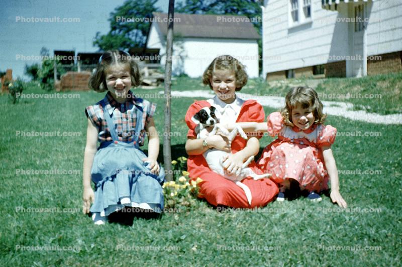 Girls, Sisters, Puppy, 1940s