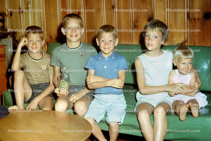 Family, Group, Sofa, Sisters, Brothers, Siblings, smiles, smiling, cute, boys, girls, July 1960, 1960s