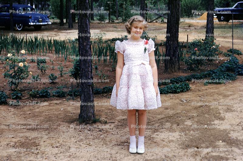 Girl, Dress, Shoes, Socks, Corsage, Rose Garden, 1950s