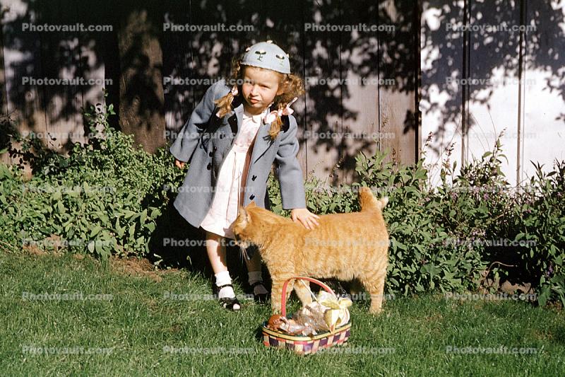 Easter Girl, Basket, Backyard, big Cat, 1940s