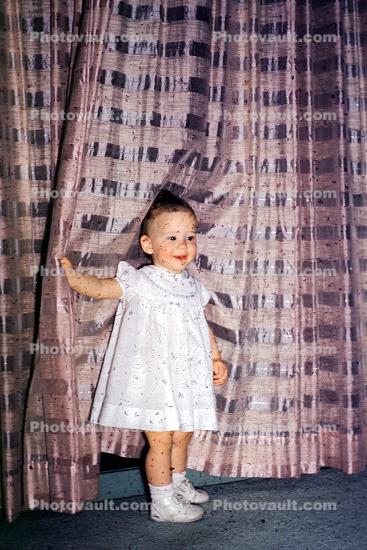 Baby, Girl, Toddler, Curtain, smiles, dress, 1940s