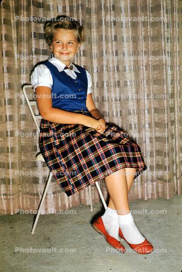 Girl, schoolgirl, socks, shoes, dress, smile, 1950s