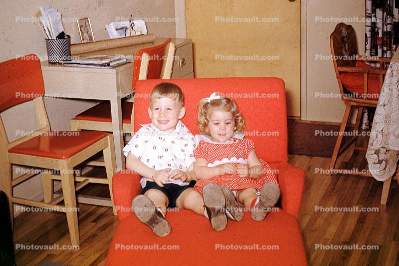 Brother, Sister, Siblings, Sitting, desk, chair, 1950s