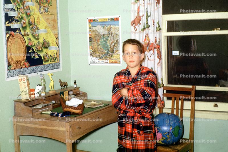 Boy, Room, Globe, Posters, Desk, Map, 1953, 1950s