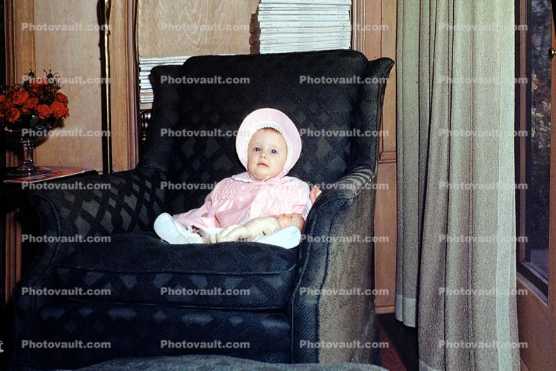Baby, Bonnet, Toddler, Hat, Seat, Chair, May 1954, 1950s