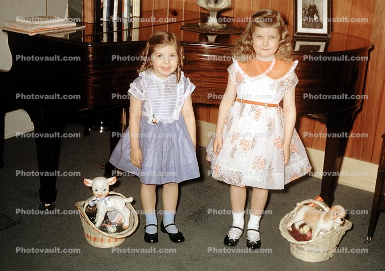 Girls, Easter Basket, Grand Piano, Lamb, smiles, smiling, cute, 1940s