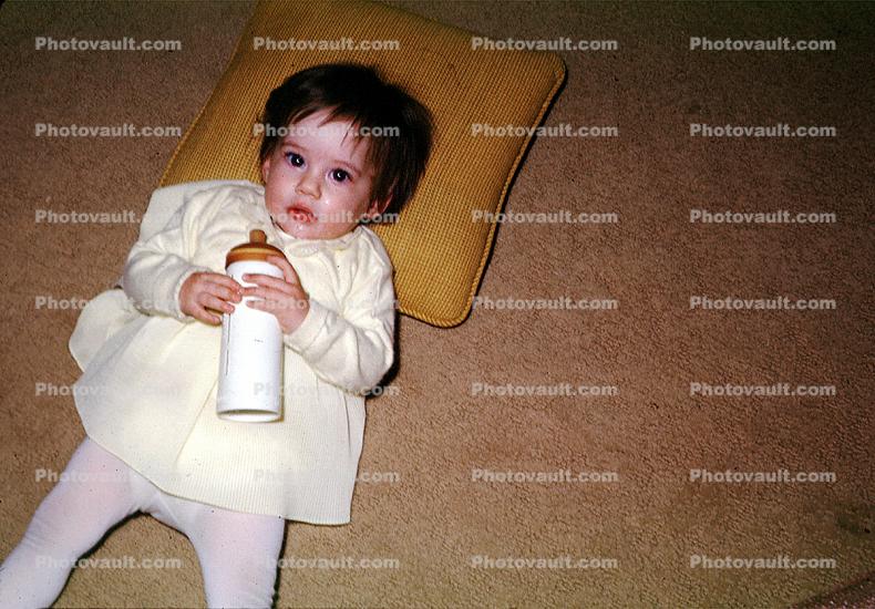 Bottle feeding, Pillow, Carpet, Dress, Baby, 1960s