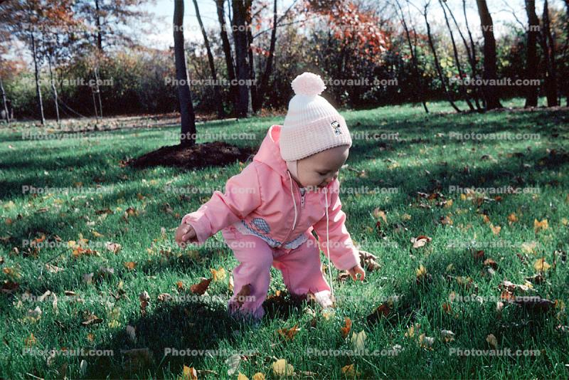 Girl, Toddler, Backyard, Autumn, Cold, Coat, Jacket, Hat, 1960s