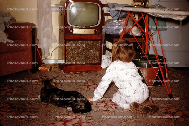 Vicky with her Cat Watching Television, Pillow, Blanket, cute, adorable, 1950s