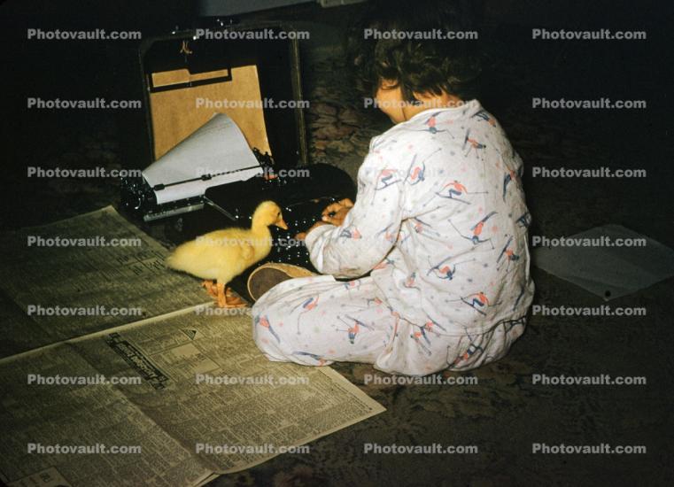 Vicky and her Duck George, typing, typewriter, 1950s